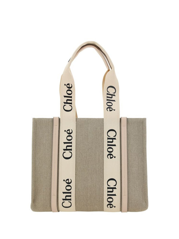 Chloé Woody Linen Shoulder Bag — Beige