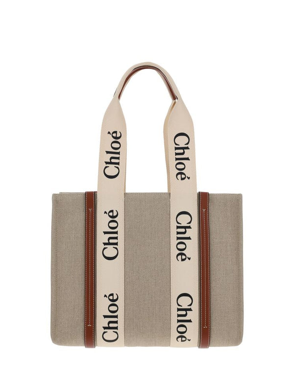 Chloé Woody Linen Shoulder Bag — Beige