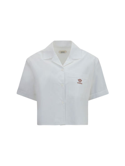 Versace Greca Detail Cropped Cotton Poplin Shirt