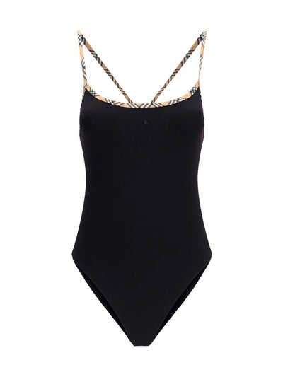 Burberry Check Trim One-Piece Swimsuit — Black