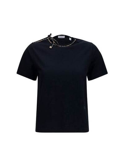 Burberry Check Collar Cut-Out Cotton T-Shirt