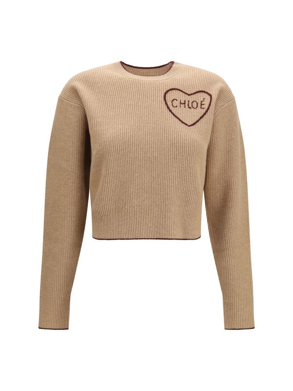 Chloé Beige Wool Cashmere Heart-Logo Sweater