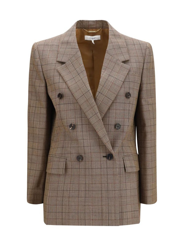 Chloé Beige Wool Checked Double-Breasted Blazer