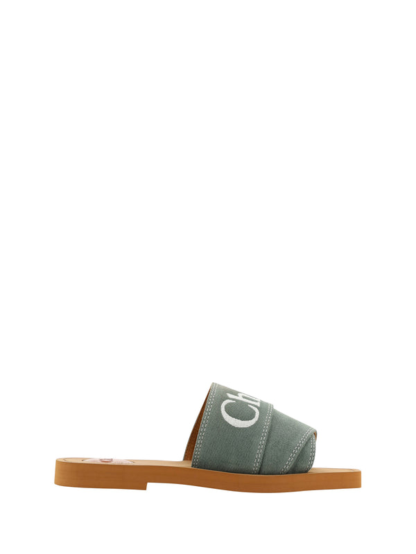Chloé Forest Green Cotton Woody Slide Sandals