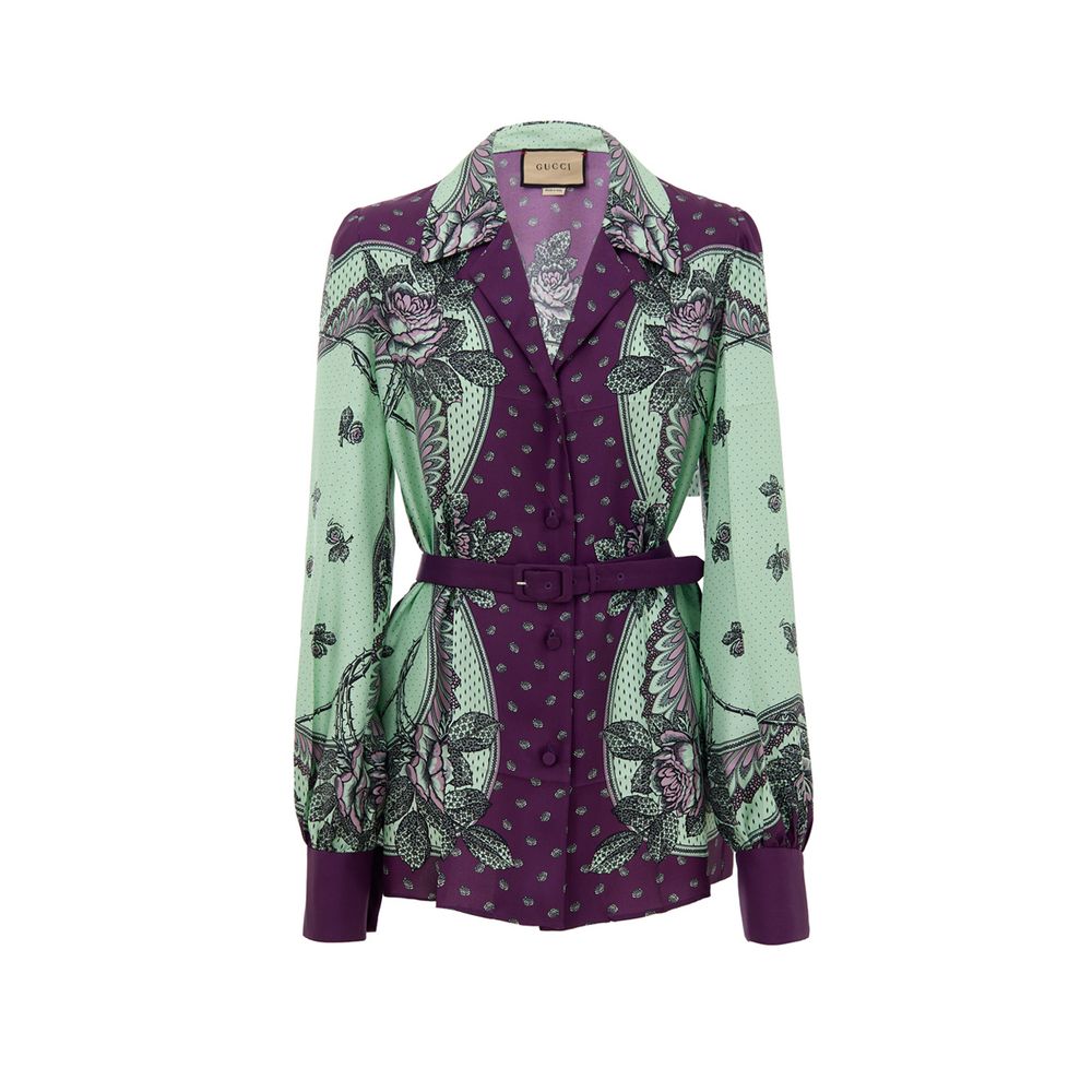 Gucci Floral Print Silk Belted Shirt