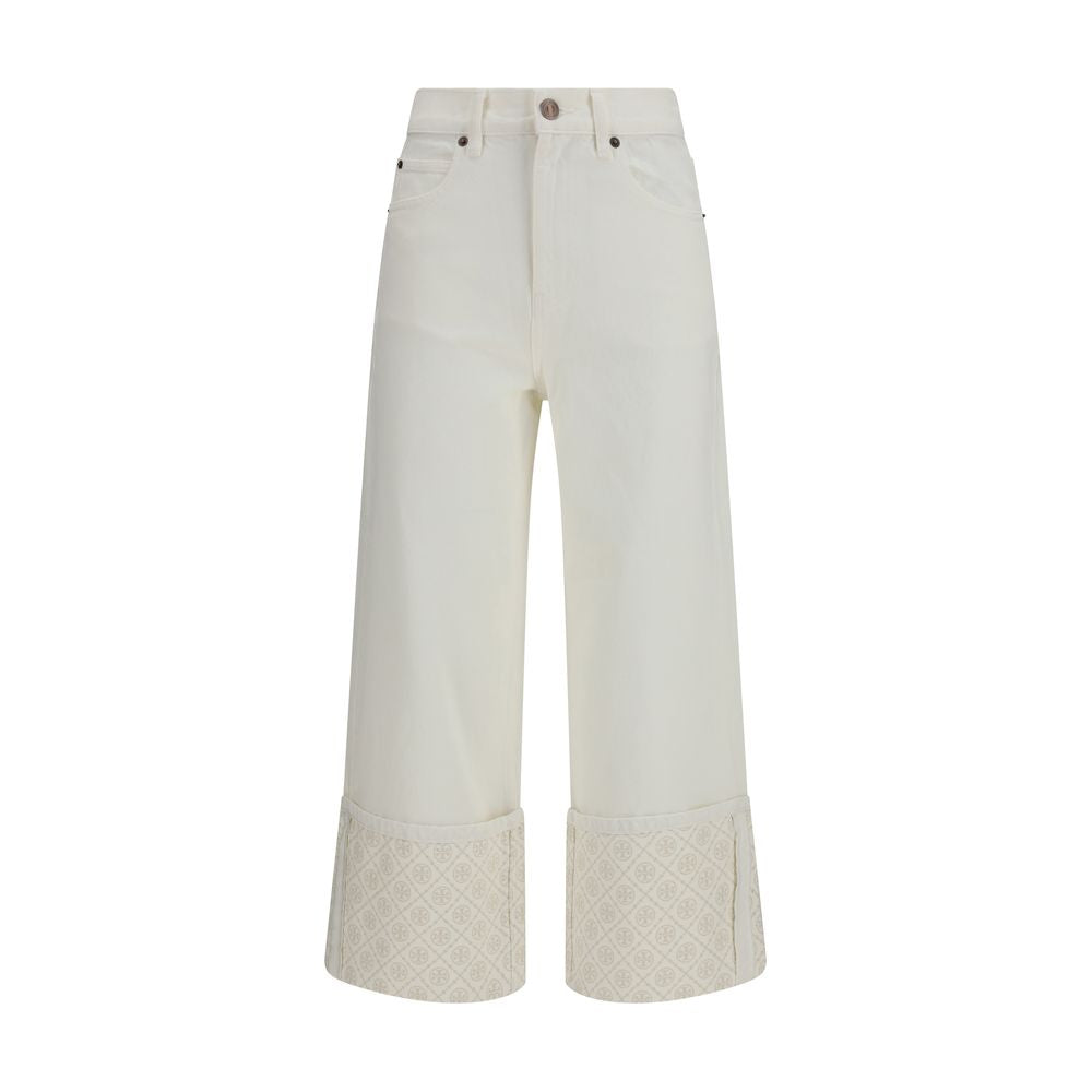 Tory Burch T Monogram Contrast Cuff Straight-Leg Jeans — White