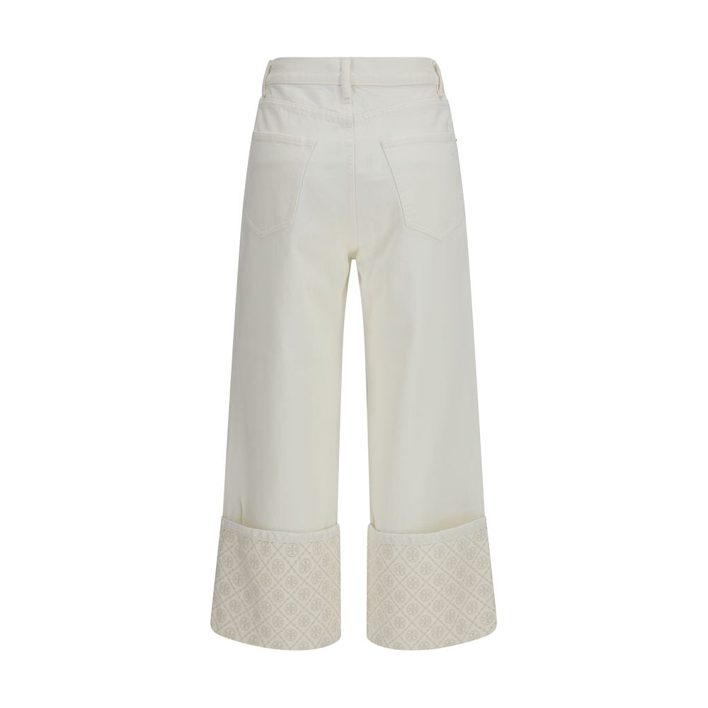 Tory Burch T Monogram Contrast Cuff Straight-Leg Jeans — White