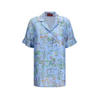 Gucci Floral Print Silk Twill Shirt — Light Blue