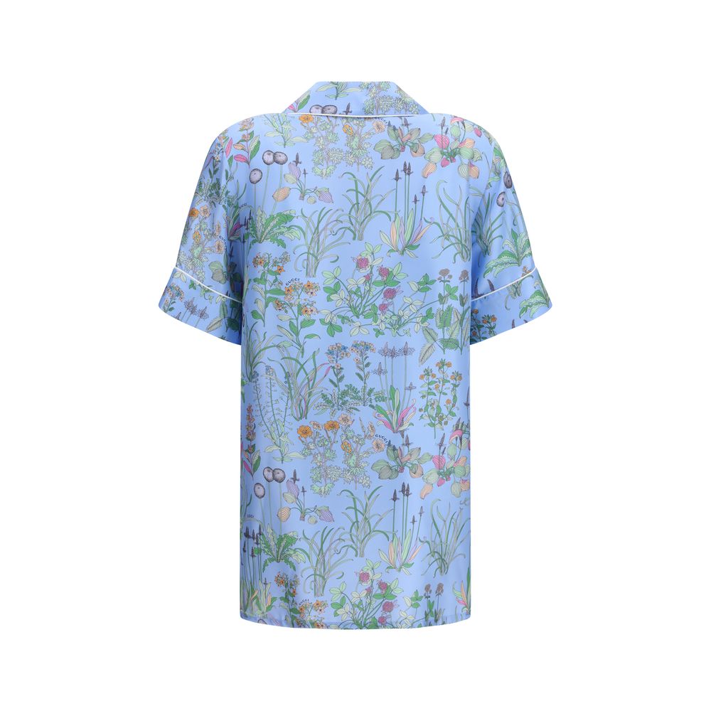 Gucci Floral Print Silk Twill Shirt — Light Blue