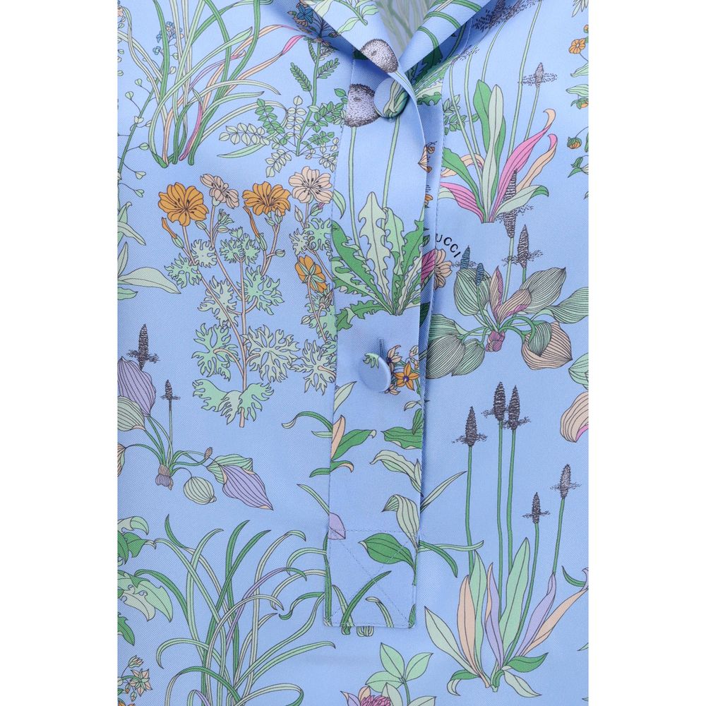 Gucci Floral Print Silk Twill Shirt — Light Blue
