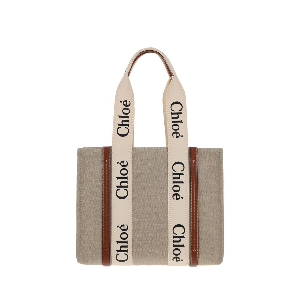 Chloé Beige Linen Woody Shoulder Bag