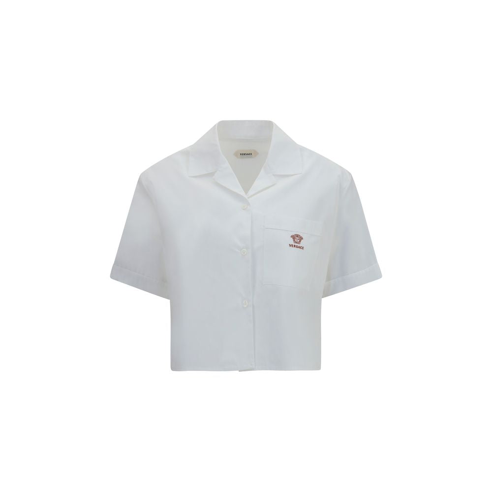 Versace Greca Detail Cropped Cotton Poplin Shirt