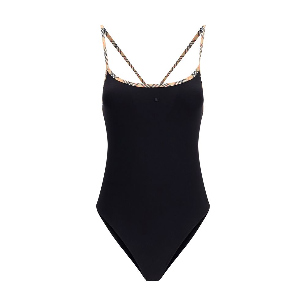 Burberry Check Trim One-Piece Swimsuit — Black