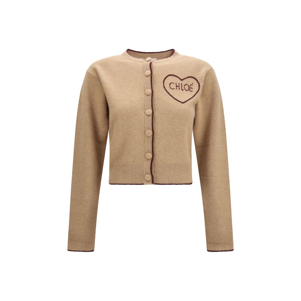 Chloé Beige Wool Cashmere Fitted Logo Cardigan