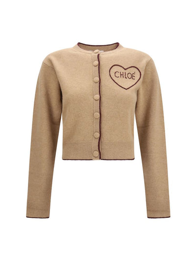 Chloé Beige Wool Cashmere Fitted Logo Cardigan