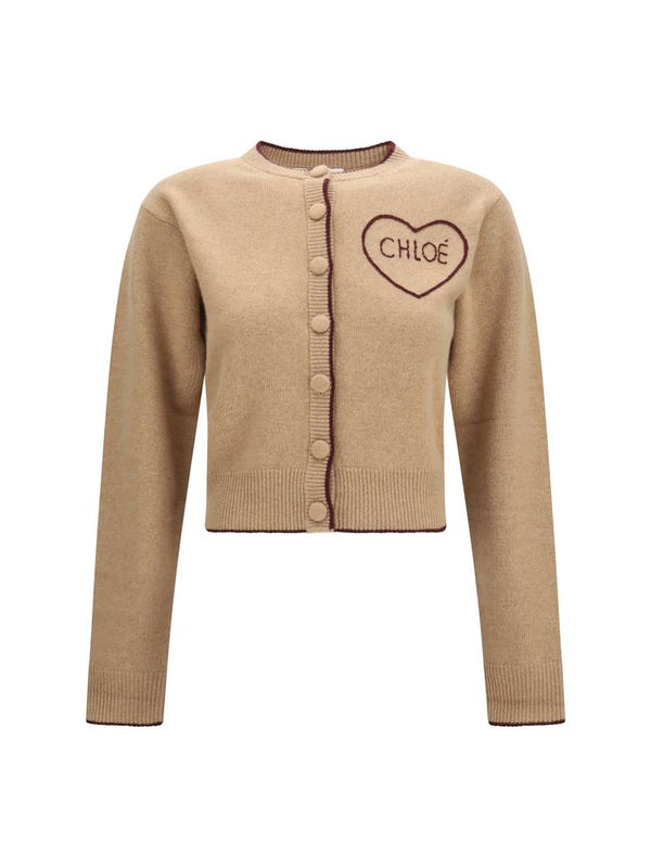 Chloé Beige Wool Cashmere Fitted Logo Cardigan