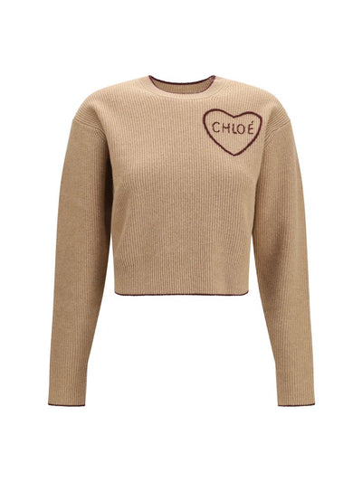 Chloé Beige Wool Cashmere Heart-Logo Sweater