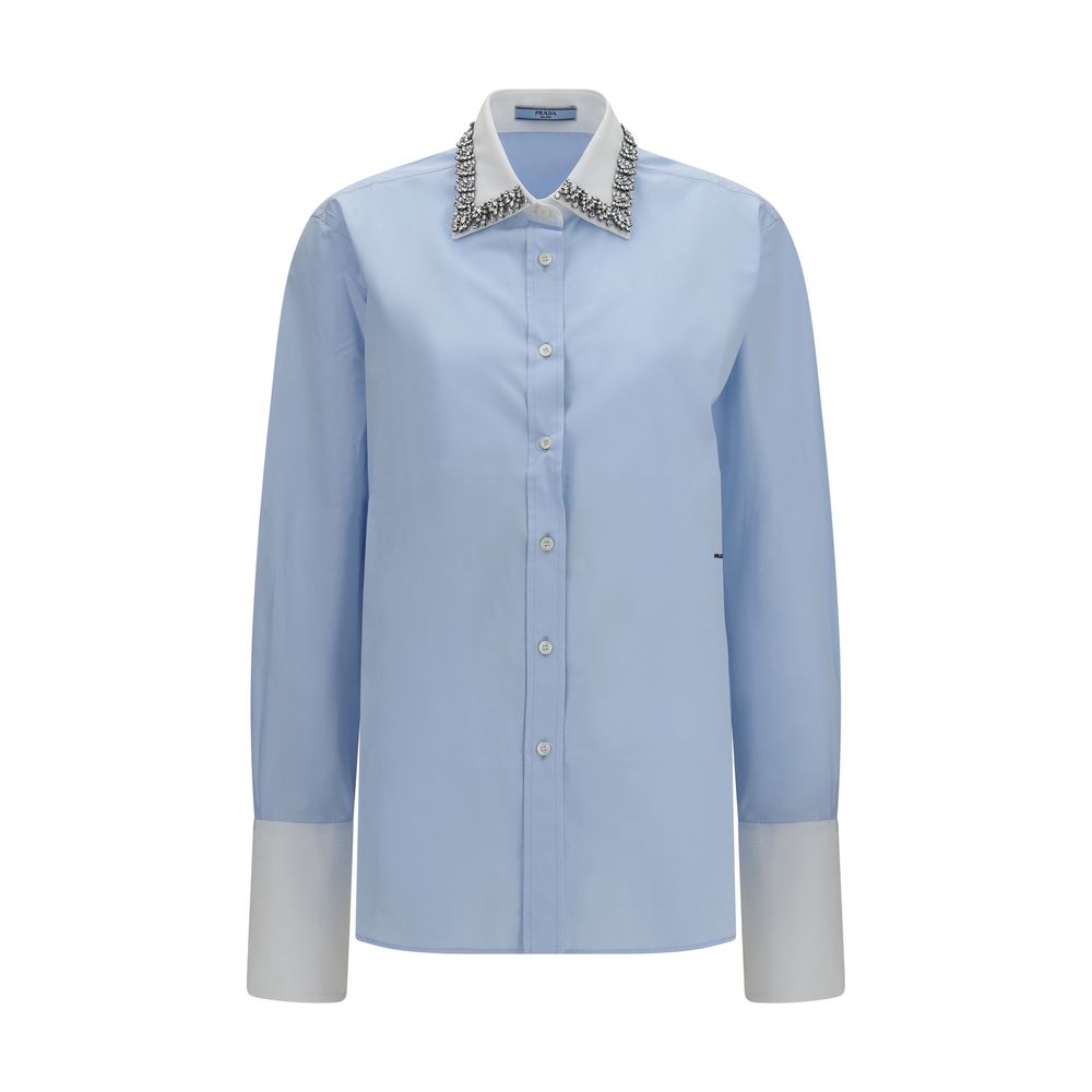 Prada Jewel-Embellished Collar Dress Shirt — Blue