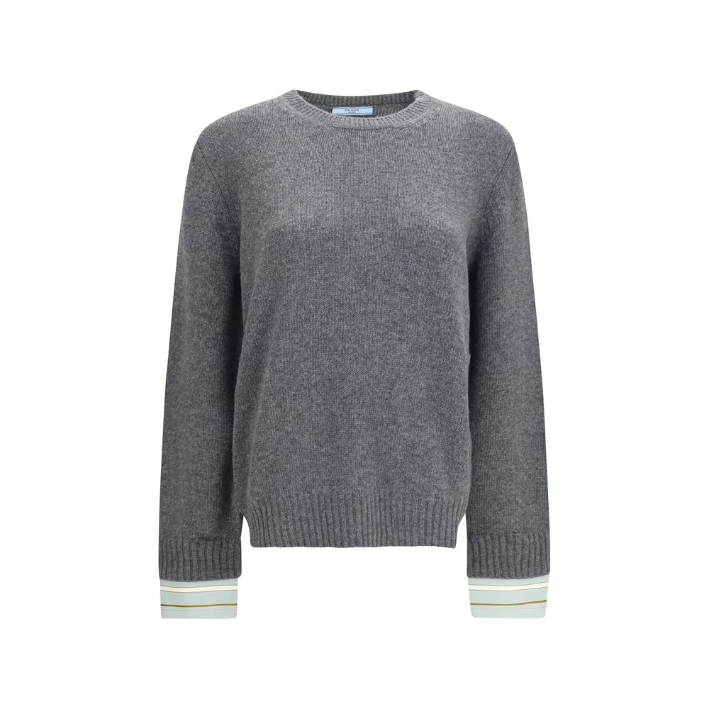 Prada Wool Crewneck Sweater with Shirt Cuffs — Gray