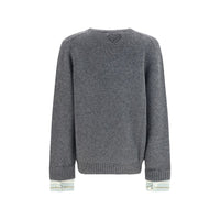 Prada Wool Crewneck Sweater with Shirt Cuffs — Gray