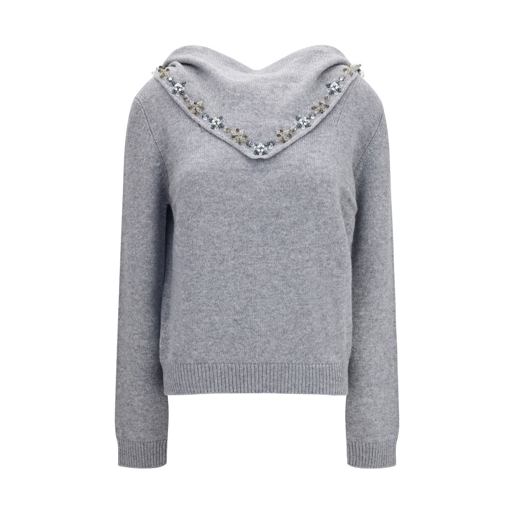 Prada Cashmere Sweater with Detachable Floral Scarf — Gray