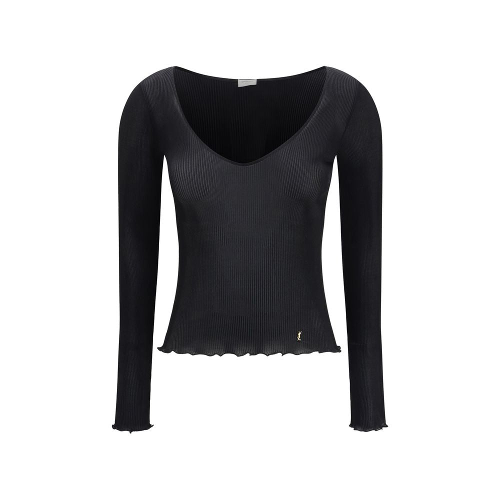 Saint Laurent Cassandre Ribbed Silk Top — Black