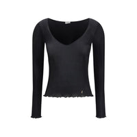 Saint Laurent Cassandre Ribbed Silk Top — Black