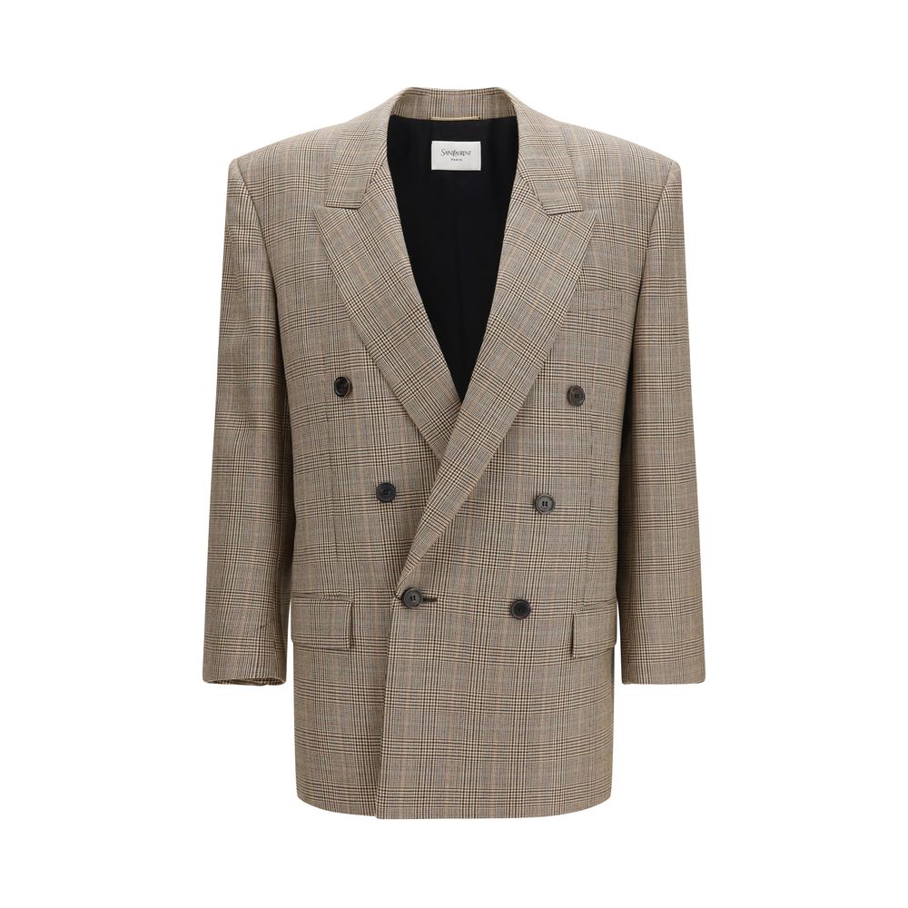 Saint Laurent Prince of Wales Wool Blazer — Beige