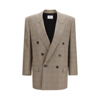 Saint Laurent Prince of Wales Wool Blazer — Beige