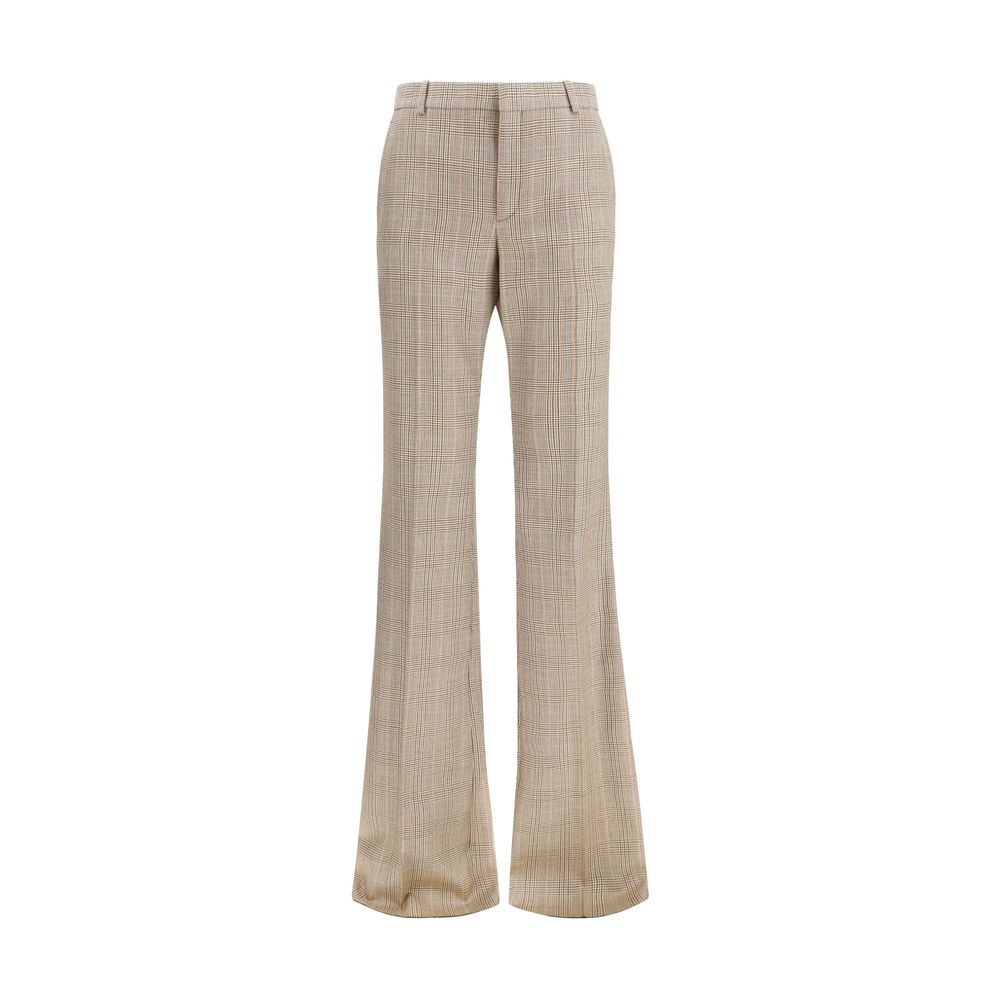 Saint Laurent Prince of Wales Wool Flared Pants — Beige
