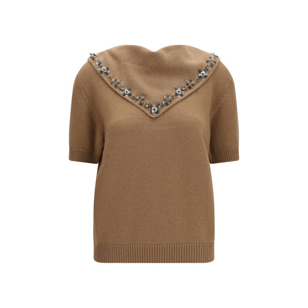 Prada Cashmere Sweater with Jewel Scarf — Brown