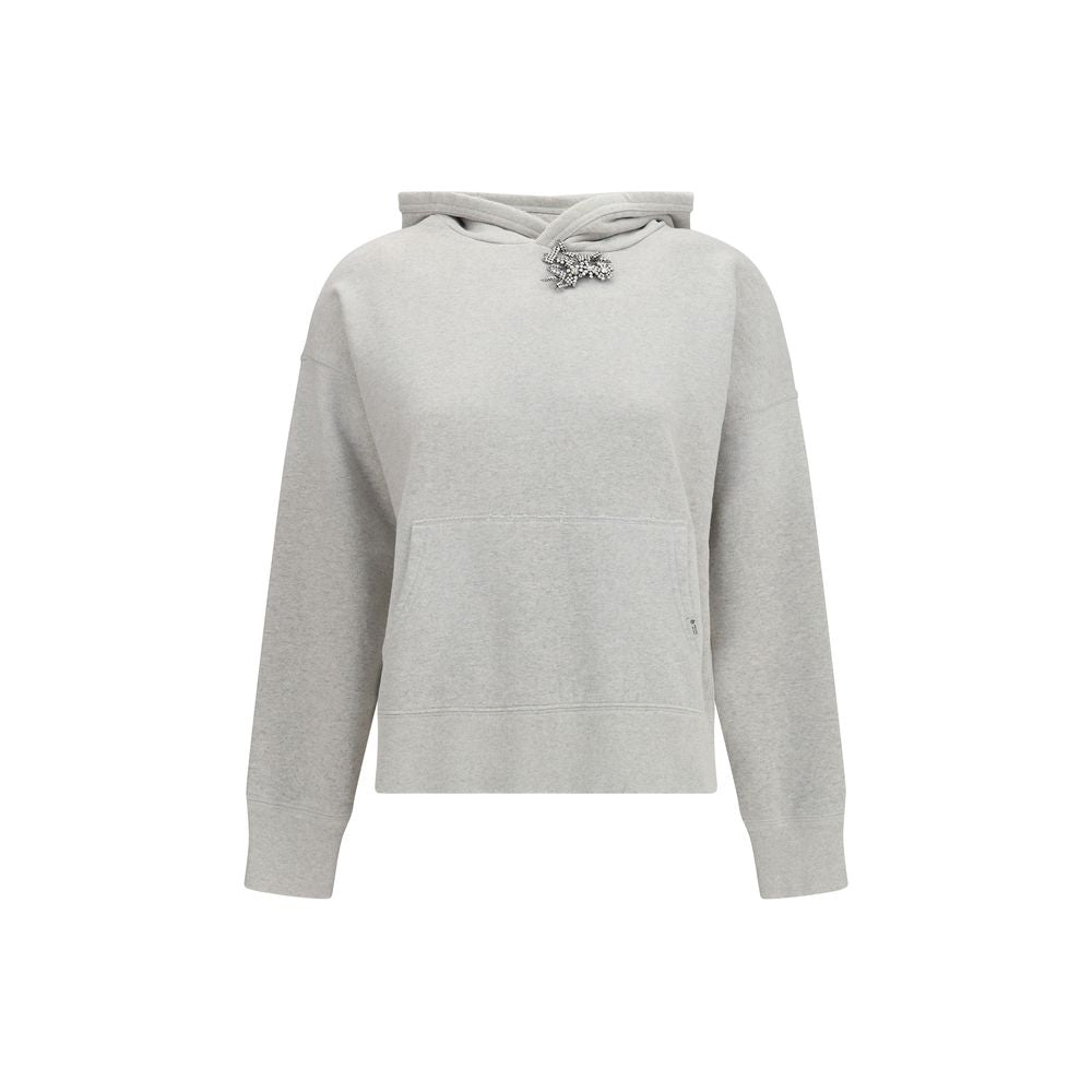 Prada Cotton Fleece Hoodie with Jewel Brooch — Gray