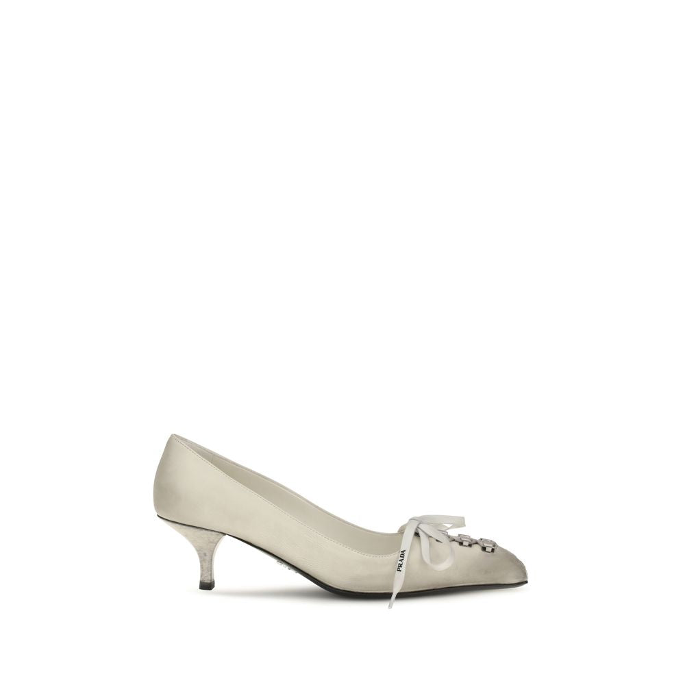 Prada Antique-Finish Leather Lace-Up Pumps — White