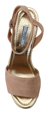 Prada Suede Ankle-Strap Wedge Sandal — Pink