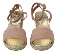 Prada Suede Ankle-Strap Wedge Sandal — Pink