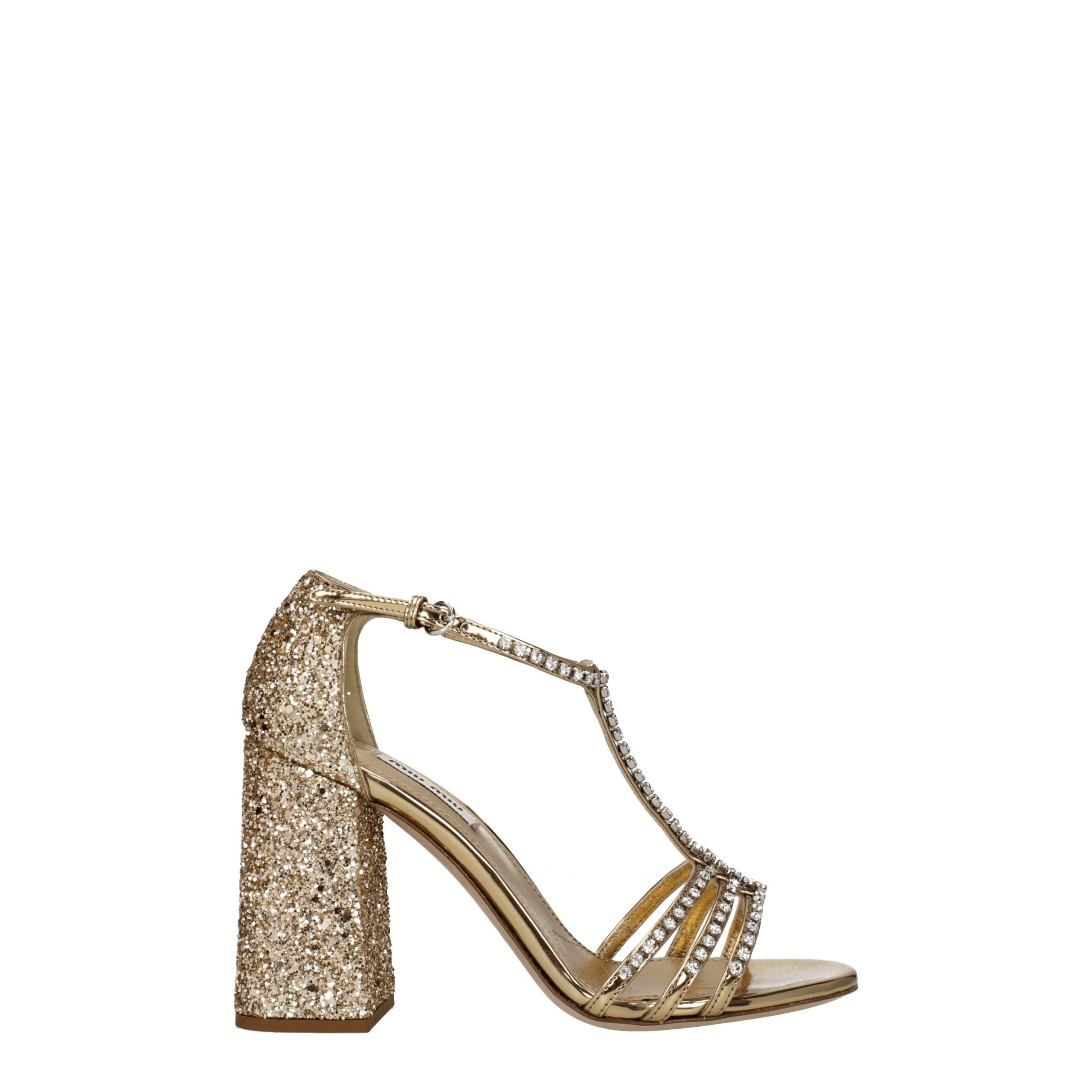Miu Miu Rhinestone Glitter High Heel Sandals — Gold