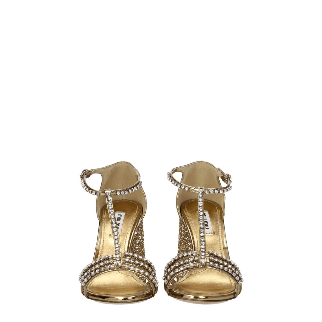 Miu Miu Rhinestone Glitter High Heel Sandals — Gold