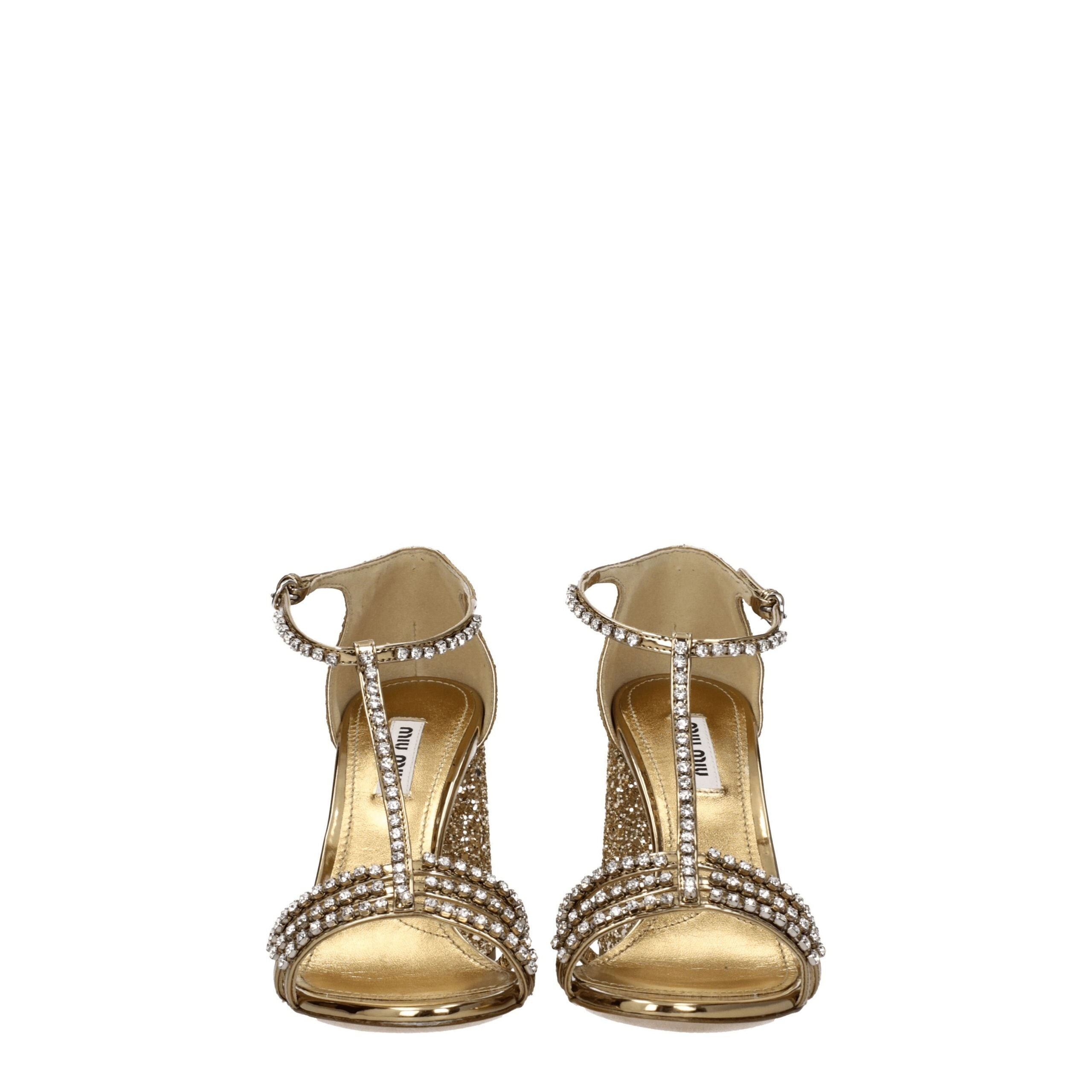 Miu Miu Rhinestone Glitter High Heel Sandals — Gold