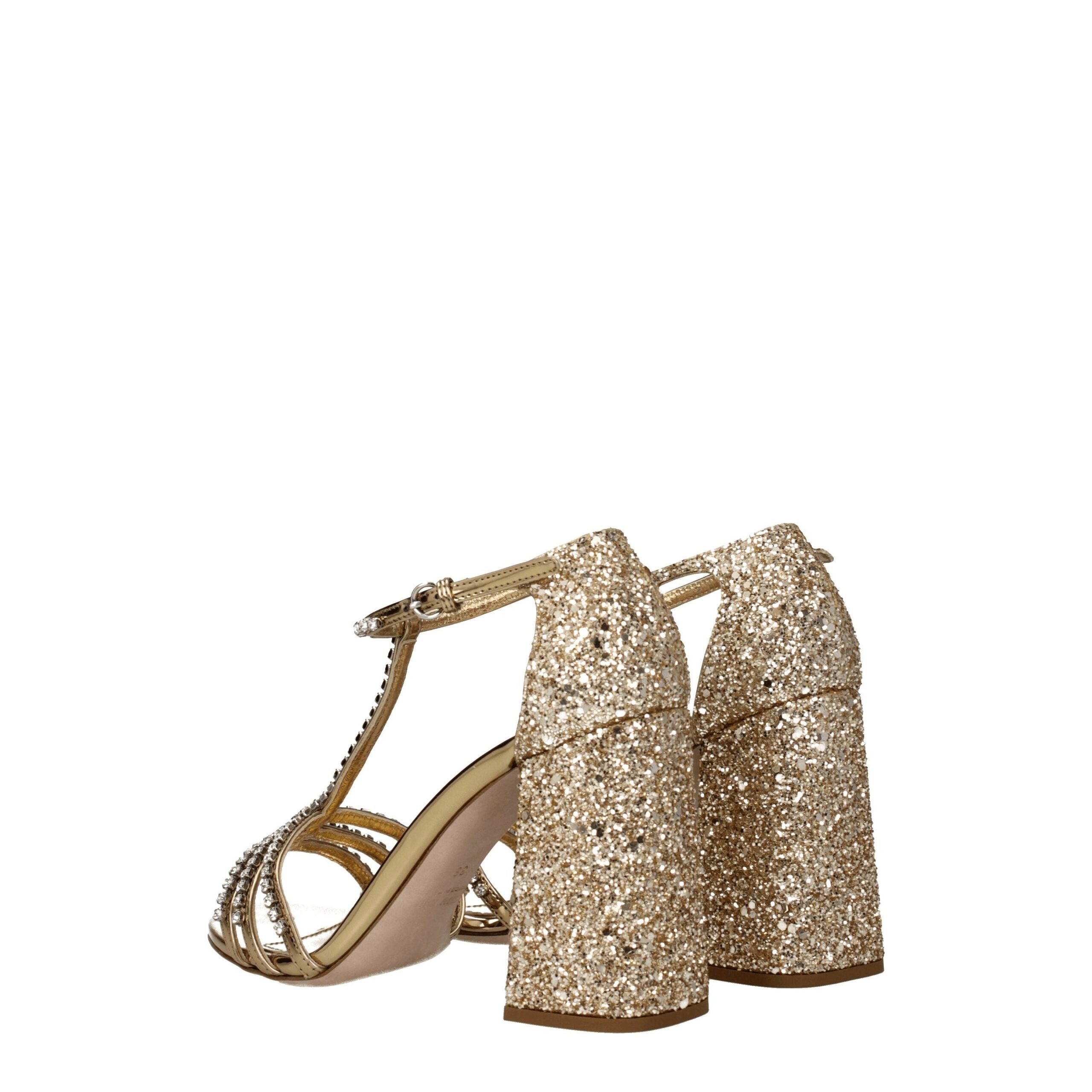 Miu Miu Rhinestone Glitter High Heel Sandals — Gold