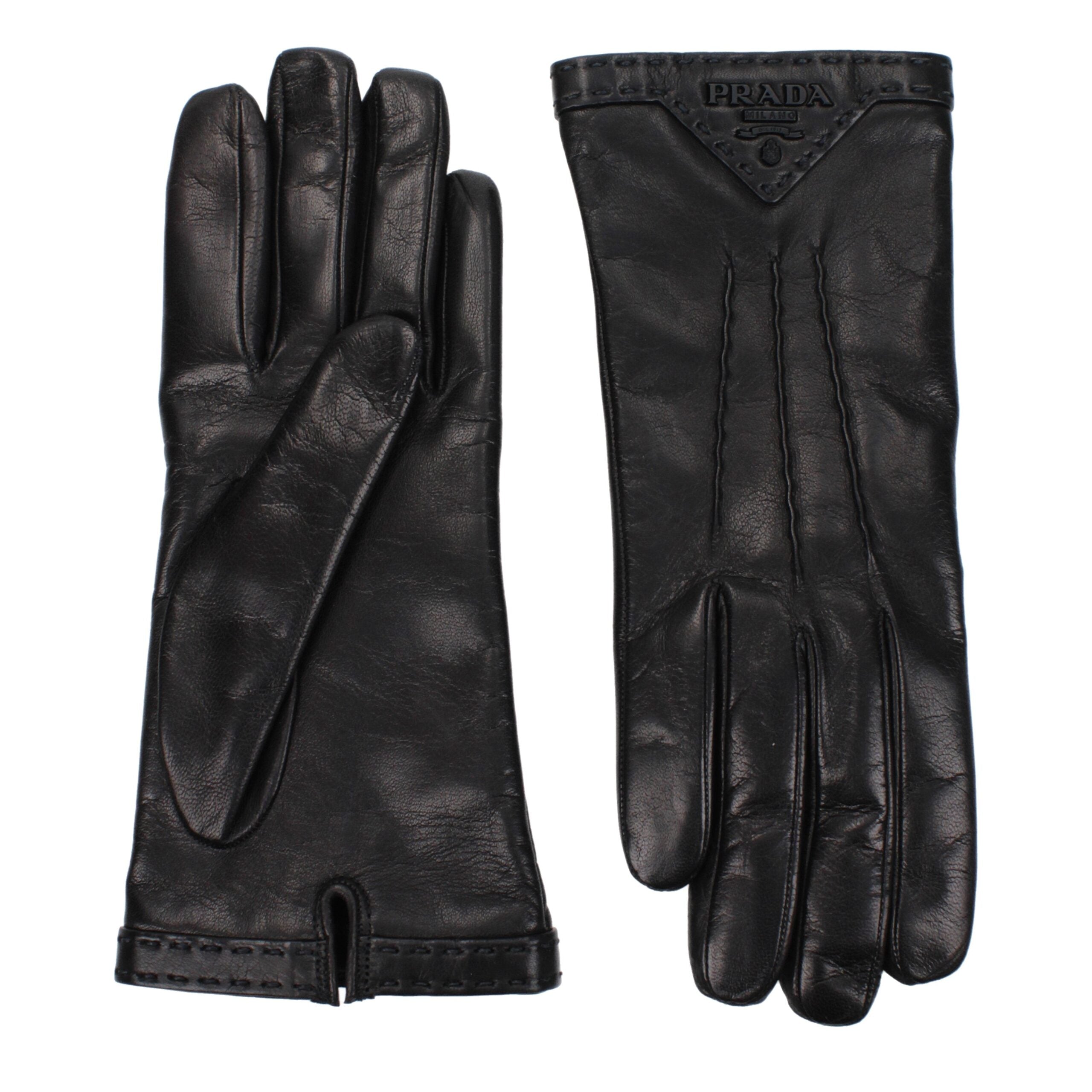 Prada Leather Logo Gloves — Black